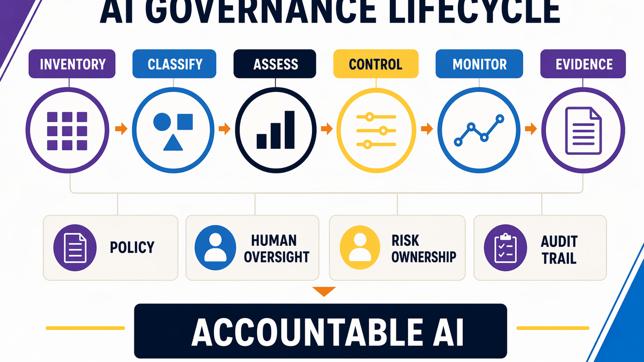 Labeled AI governance lifecycle from inventory and risk assessment through controls, monitoring and accountable evidence
