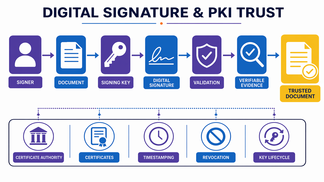 Labeled digital signature and PKI trust flow from signer and document through keys, certificates, validation and verifiable evidence