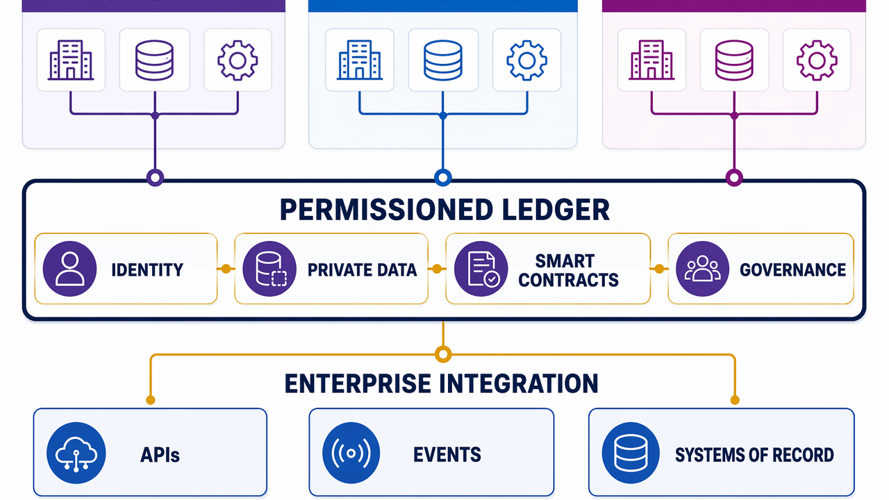 Labeled permissioned blockchain consortium with organizations, identity, private data, smart contracts, governance and enterprise integration
