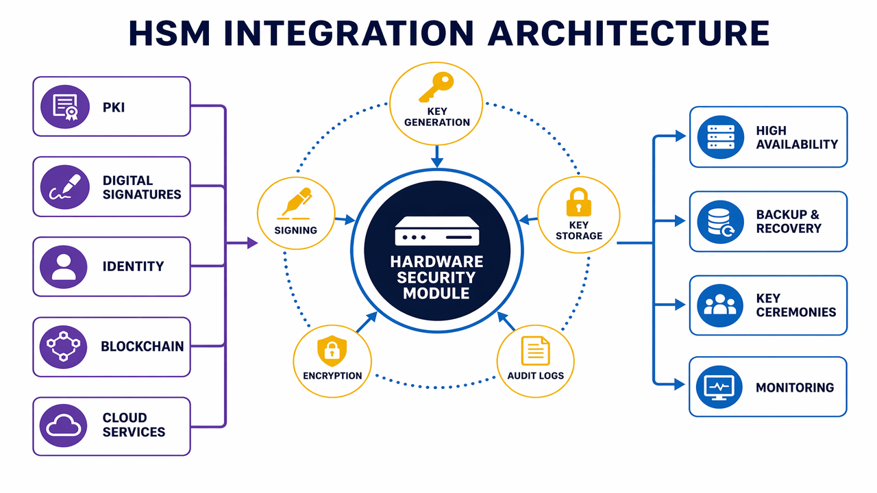 Labeled HSM integration architecture connecting PKI, signatures, identity, blockchain and cloud services to protected key operations