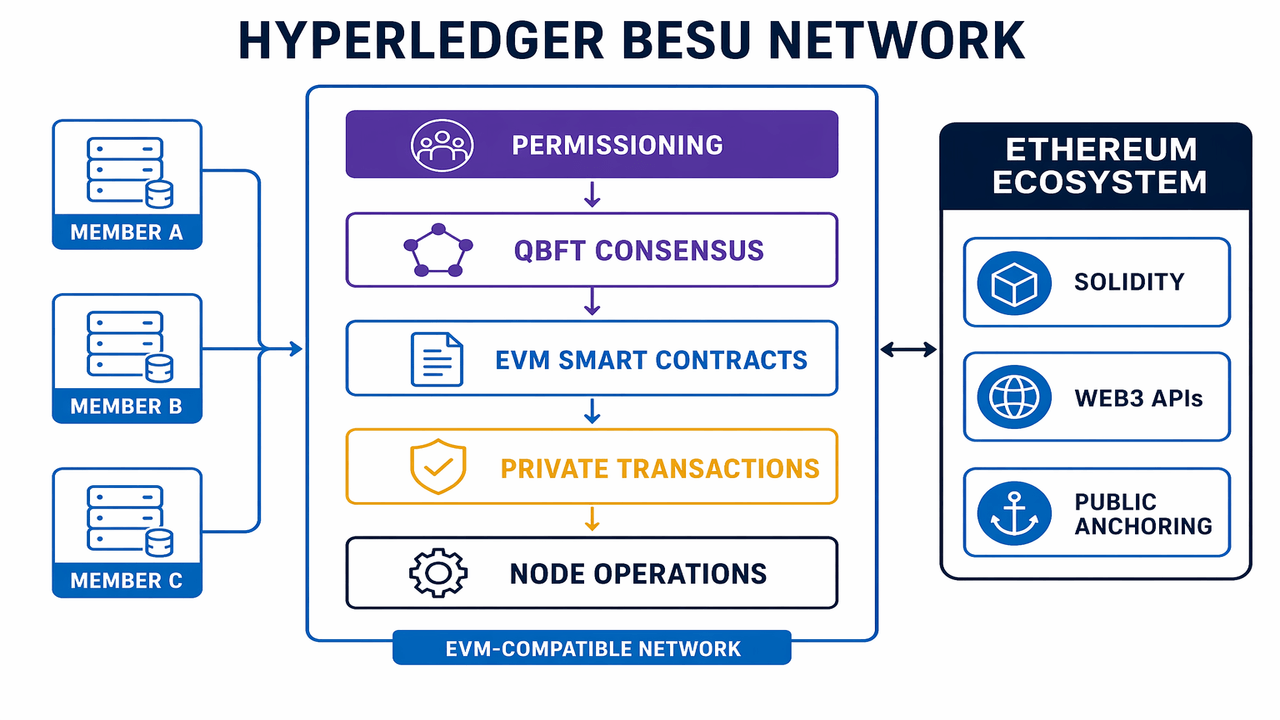 Labeled Hyperledger Besu network with members, permissioning, QBFT consensus, EVM contracts, private transactions and Ethereum interoperability