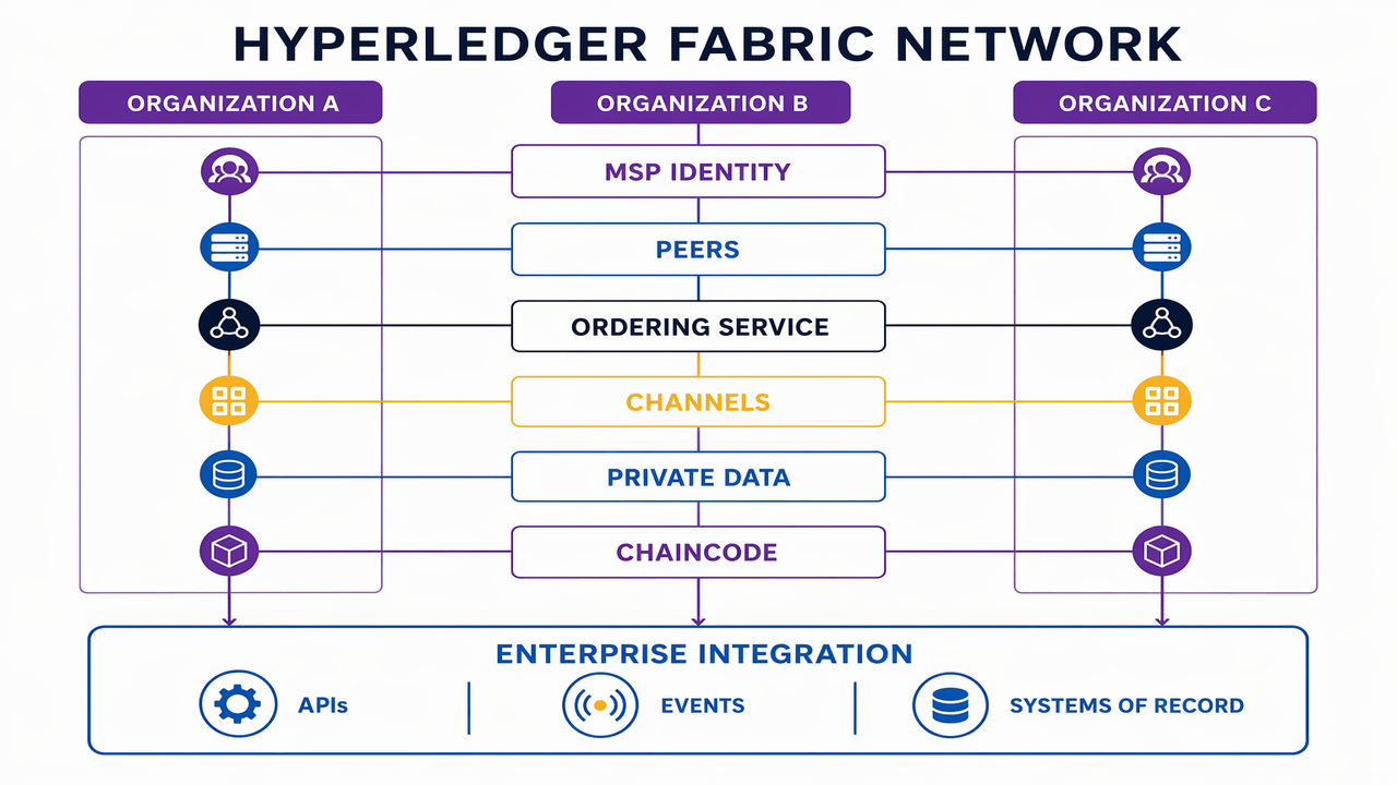 Labeled Hyperledger Fabric network with organizations, MSP identities, peers, ordering service, channels, private data and chaincode