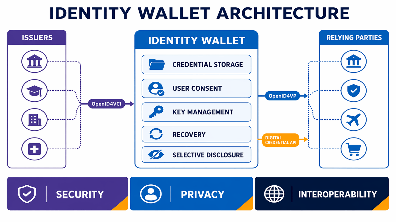 Labeled identity wallet architecture connecting issuers and relying parties through credential storage, consent, keys and OpenID protocols