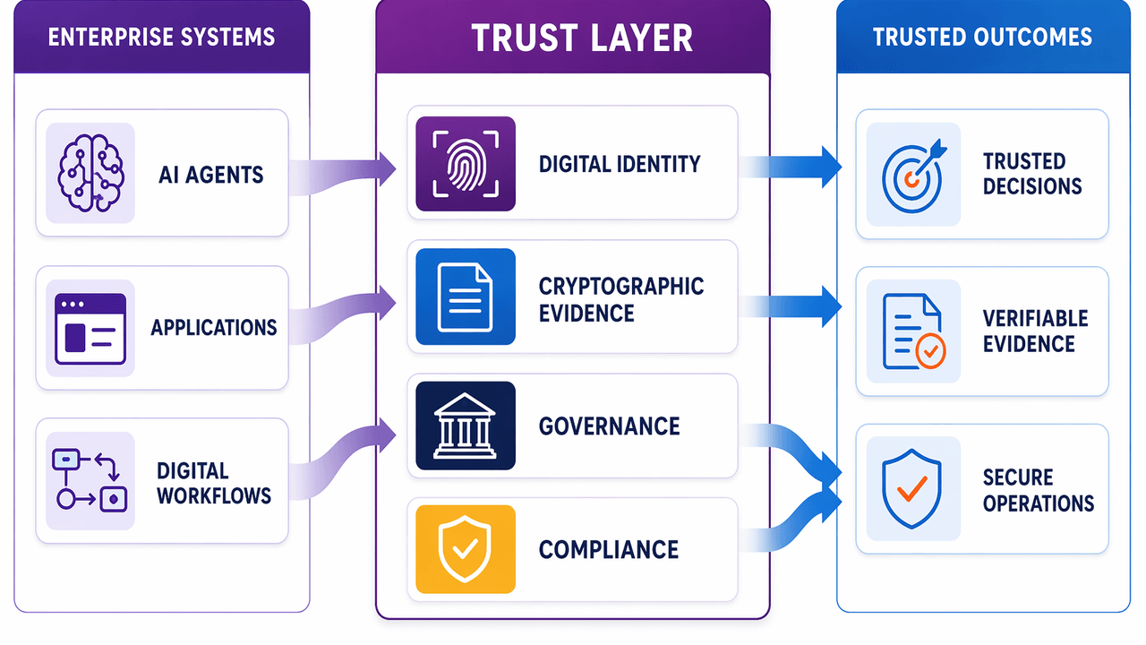 Labeled enterprise Trust Layer flow from AI agents, applications and digital workflows through identity, evidence, governance and compliance to trusted outcomes