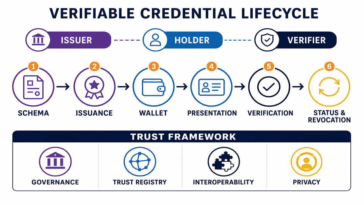 Labeled verifiable credential lifecycle from issuer through holder wallet to verifier with status, revocation and trust framework